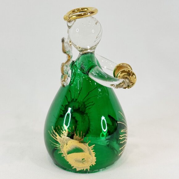 Vintage Hand Blown Glass Green Gold Angel Ornament Standing Decor 4" - Picture 4 of 6